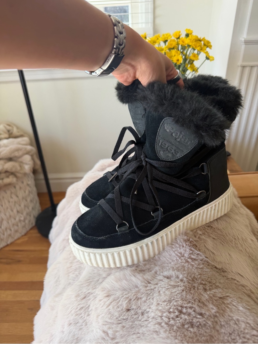 Pajar Black Faux-Fur Platform Lace-Up Winter Boots